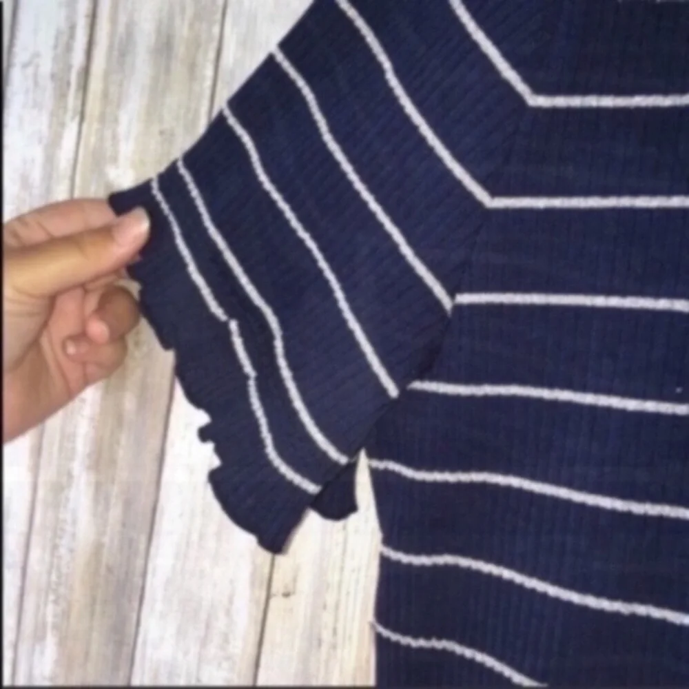 NWT J.Crew Striped Flutter Sleeve Top XL Navy Silver Ruffle Sleeve Knit Blouse